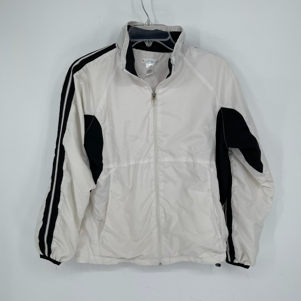 Vintage Bold Spirit Women's White Striped Full Zip Track Windbreaker Jacket Sz S